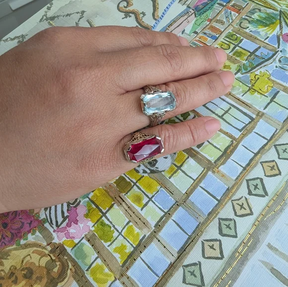 Art deco Filigree 14k White‎ Gold  Ring with Aquamarine - Picture 9 of 10